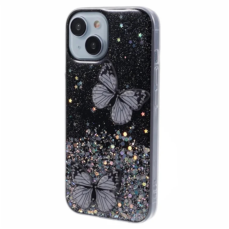 WANLONFENG AW Series for iPhone 13 TPU Case PVC Butterfly Glitter Back Cover with Screen Protector