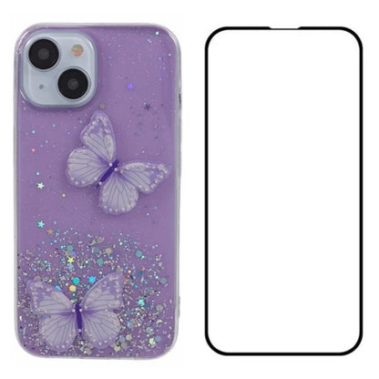 WANLONFENG AW Series for iPhone 13 TPU Case PVC Butterfly Glitter Back Cover with Screen Protector