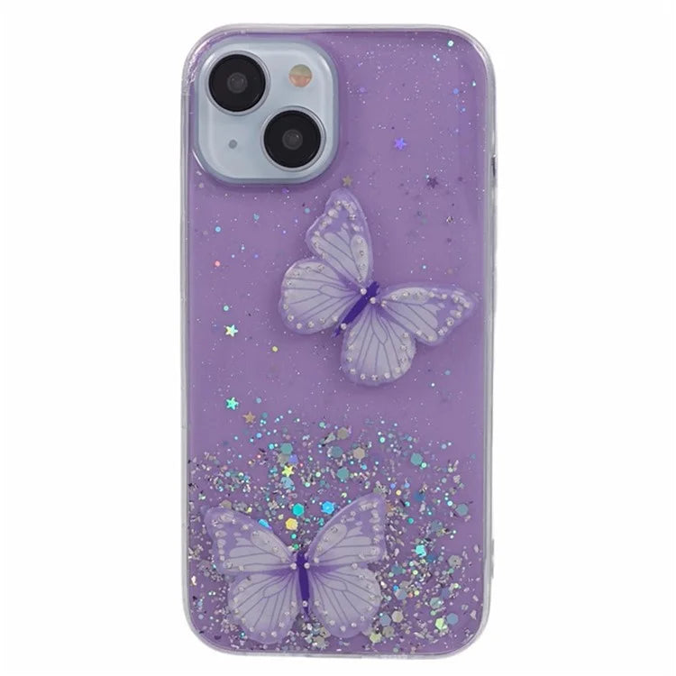WANLONFENG AW Series for iPhone 13 TPU Case PVC Butterfly Glitter Back Cover with Screen Protector