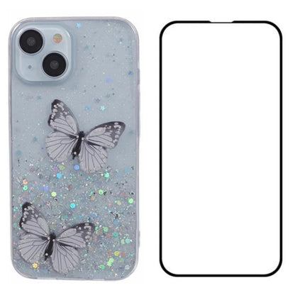 WANLONFENG AW Series for iPhone 13 TPU Case PVC Butterfly Glitter Back Cover with Screen Protector