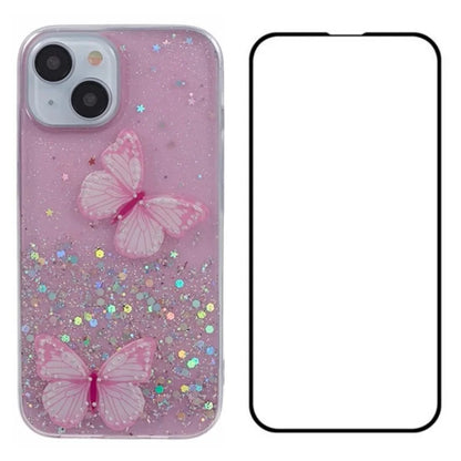 WANLONFENG AW Series for iPhone 13 TPU Case PVC Butterfly Glitter Back Cover with Screen Protector