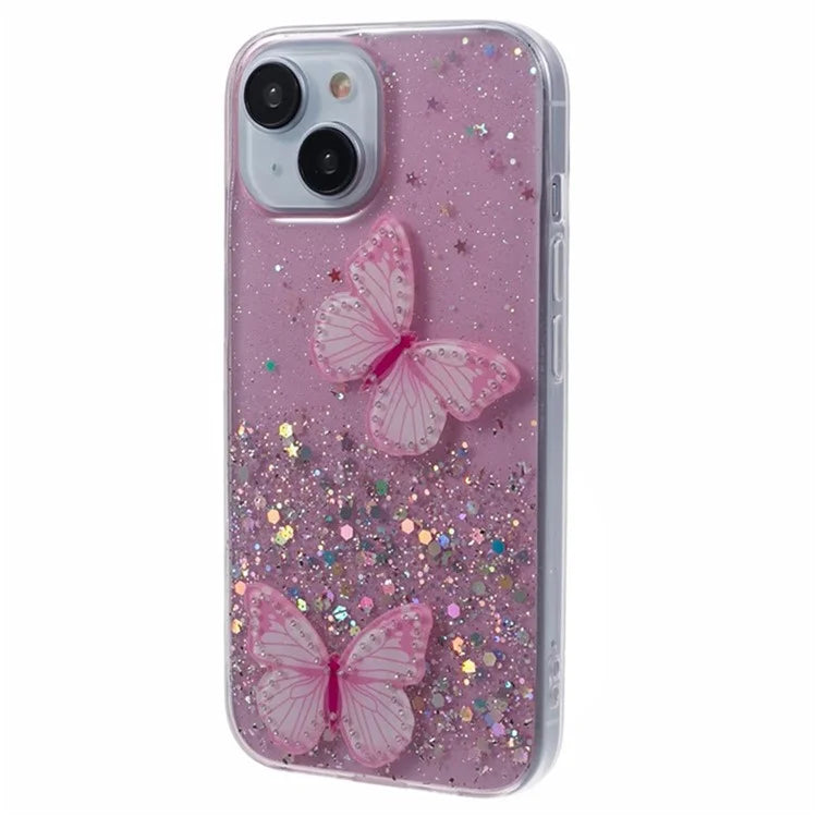 WANLONFENG AW Series for iPhone 13 TPU Case PVC Butterfly Glitter Back Cover with Screen Protector