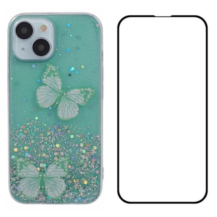 WANLONFENG AW Series for iPhone 13 TPU Case PVC Butterfly Glitter Back Cover with Screen Protector