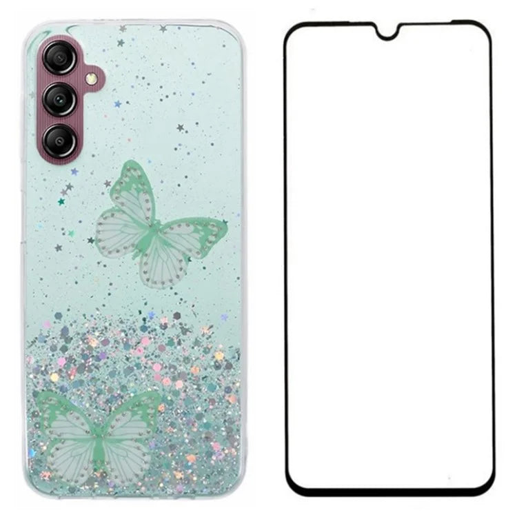 WANLONFENG AW Series for Samsung Galaxy A14 4G / 5G Case TPU Shiny Butterfly Phone Cover with HD Film