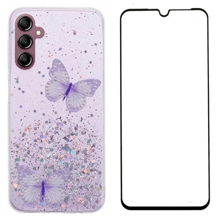 WANLONFENG AW Series for Samsung Galaxy A54 5G Case Glitter 3D Butterfly TPU Phone Cover with HD Film 2-in-1