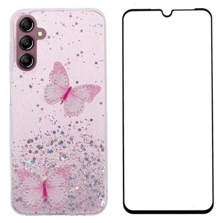 WANLONFENG AW Series for Samsung Galaxy A54 5G Case Glitter 3D Butterfly TPU Phone Cover with HD Film 2-in-1