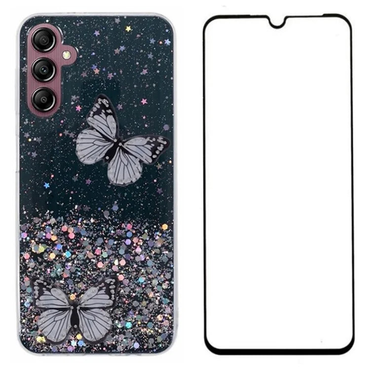 WANLONFENG AW Series for Samsung Galaxy A54 5G Case Glitter 3D Butterfly TPU Phone Cover with HD Film 2-in-1