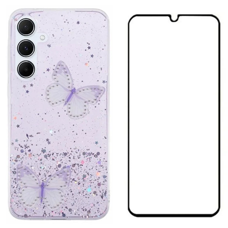 WANLONFENG AW Series for Samsung Galaxy A25 5G (Global) (161.0 X 76.5 X 8.3mm) Case Butterfly TPU Phone Cover with Screen Film