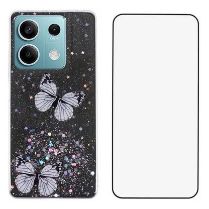 WANLONFENG AW Series for Xiaomi Redmi Note 13 5G Case Butterfly Epoxy TPU Sparkle Phone Cover with Screen Film