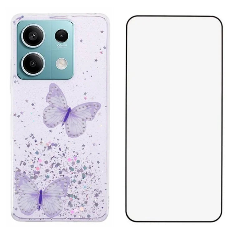WANLONFENG AW Series for Xiaomi Redmi Note 13 5G Case Butterfly Epoxy TPU Sparkle Phone Cover with Screen Film