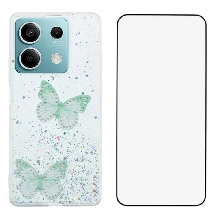 WANLONFENG AW Series for Xiaomi Redmi Note 13 5G Case Butterfly Epoxy TPU Sparkle Phone Cover with Screen Film