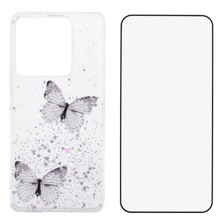 WANLONFENG AW Series for Xiaomi Redmi Note 13 5G Case Butterfly Epoxy TPU Sparkle Phone Cover with Screen Film