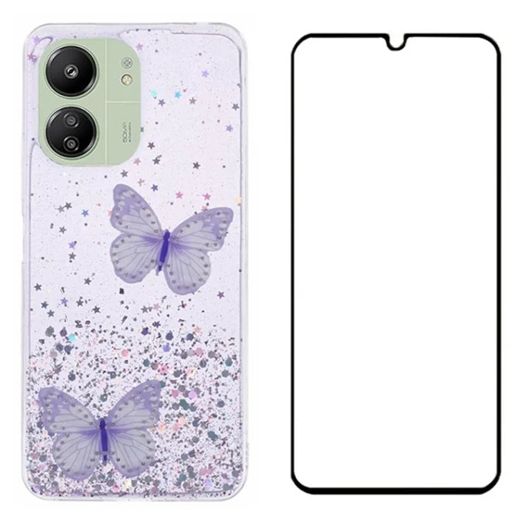 WANLONFENG AW Series for Xiaomi Redmi 13R 5G / 13C 4G / 5G / Poco C65 4G / M6 5G Case PVC Butterfly TPU Phone Cover with Screen Film