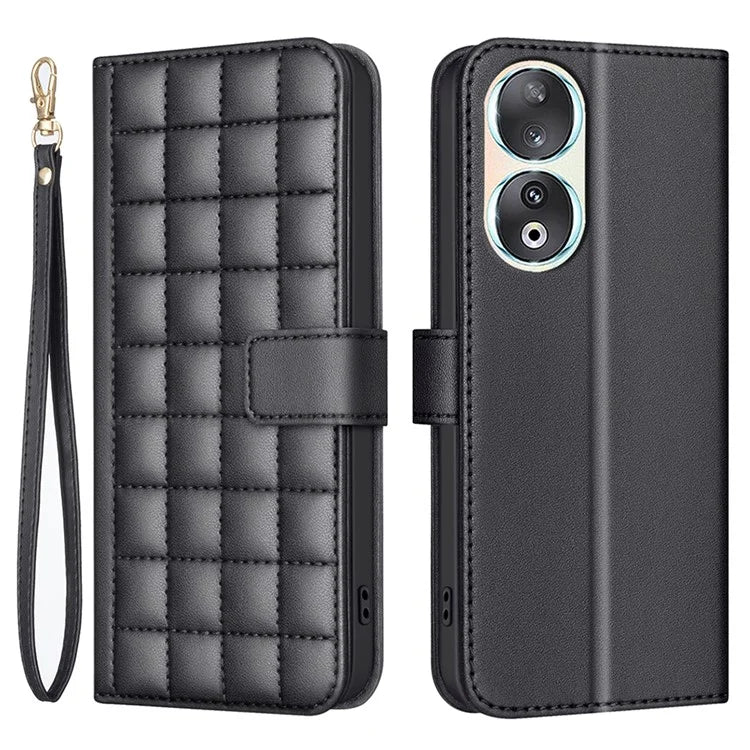 BINFEN COLOR BF34 for Honor 90 Case Square Grid Leather Wallet Cover with Hand Strap