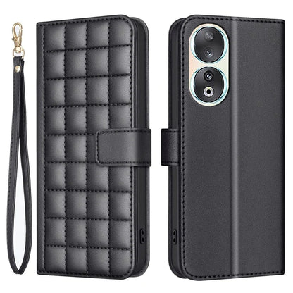 BINFEN COLOR BF34 for Honor 90 Case Square Grid Leather Wallet Cover with Hand Strap