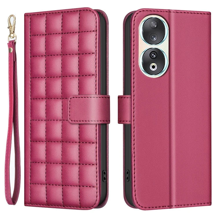 BINFEN COLOR BF34 for Honor 90 Case Square Grid Leather Wallet Cover with Hand Strap