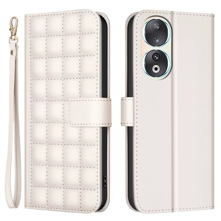 BINFEN COLOR BF34 for Honor 90 Case Square Grid Leather Wallet Cover with Hand Strap