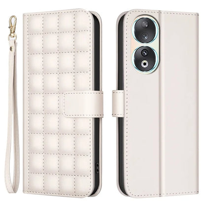 BINFEN COLOR BF34 for Honor 90 Case Square Grid Leather Wallet Cover with Hand Strap