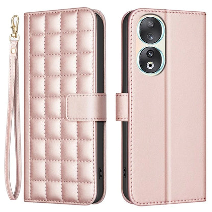 BINFEN COLOR BF34 for Honor 90 Case Square Grid Leather Wallet Cover with Hand Strap