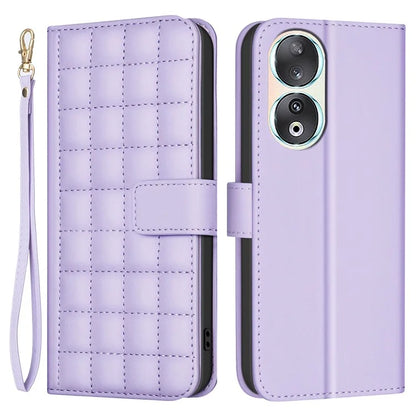 BINFEN COLOR BF34 for Honor 90 Case Square Grid Leather Wallet Cover with Hand Strap