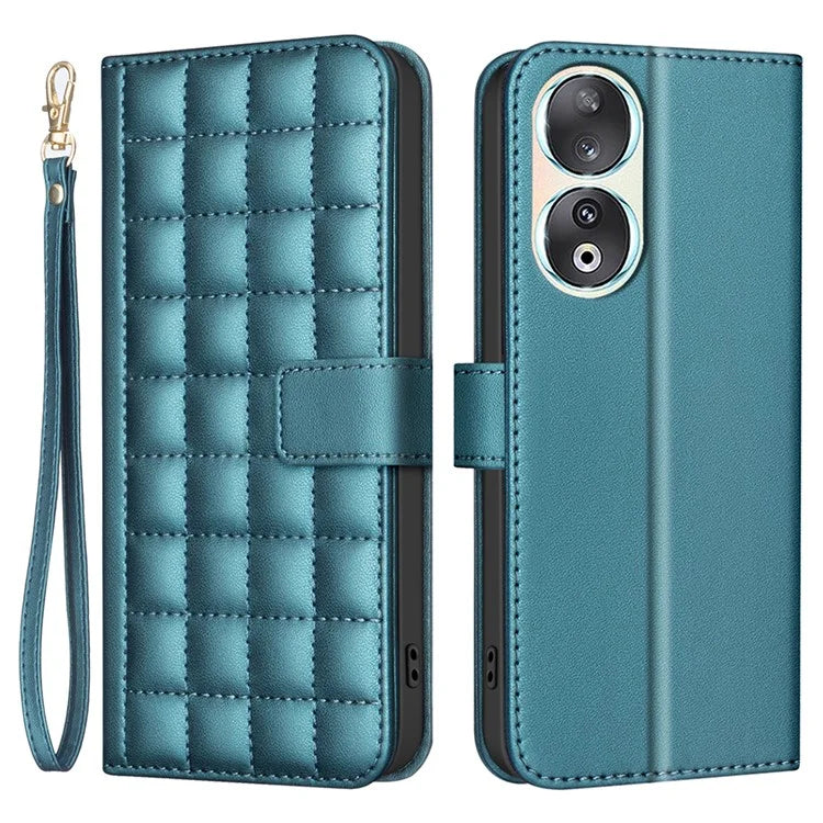 BINFEN COLOR BF34 for Honor 90 Case Square Grid Leather Wallet Cover with Hand Strap