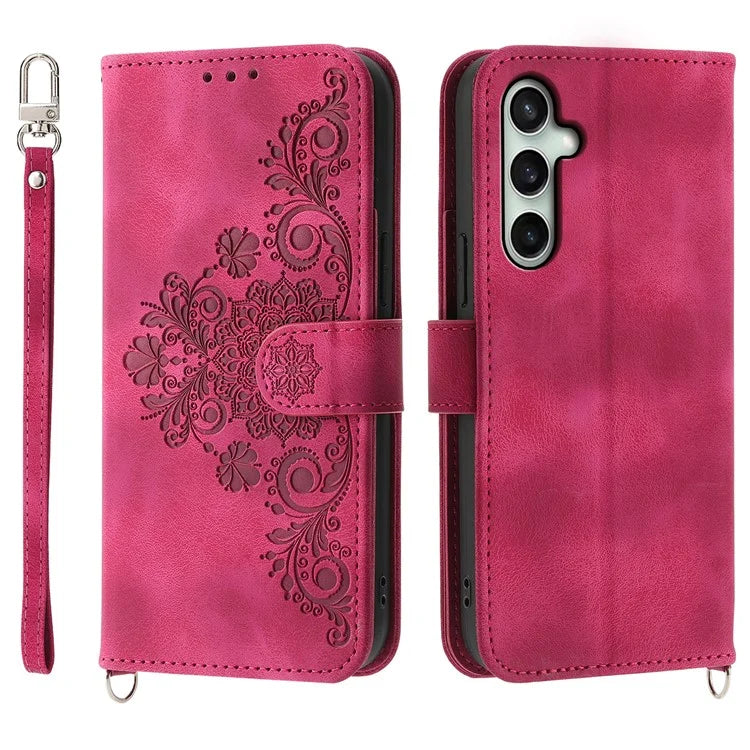 For Samsung Galaxy S24 FE Case Flower Pattern PU Leather Wallet Phone Cover with Shoulder Strap