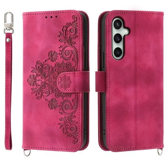 For Samsung Galaxy S24 FE Case Flower Pattern PU Leather Wallet Phone Cover with Shoulder Strap