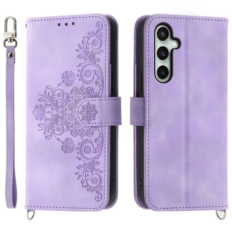 For Samsung Galaxy S24 FE Case Flower Pattern PU Leather Wallet Phone Cover with Shoulder Strap