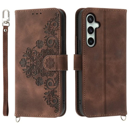 For Samsung Galaxy S24 FE Case Flower Pattern PU Leather Wallet Phone Cover with Shoulder Strap