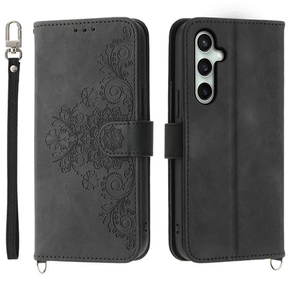 For Samsung Galaxy S24 FE Case Flower Pattern PU Leather Wallet Phone Cover with Shoulder Strap