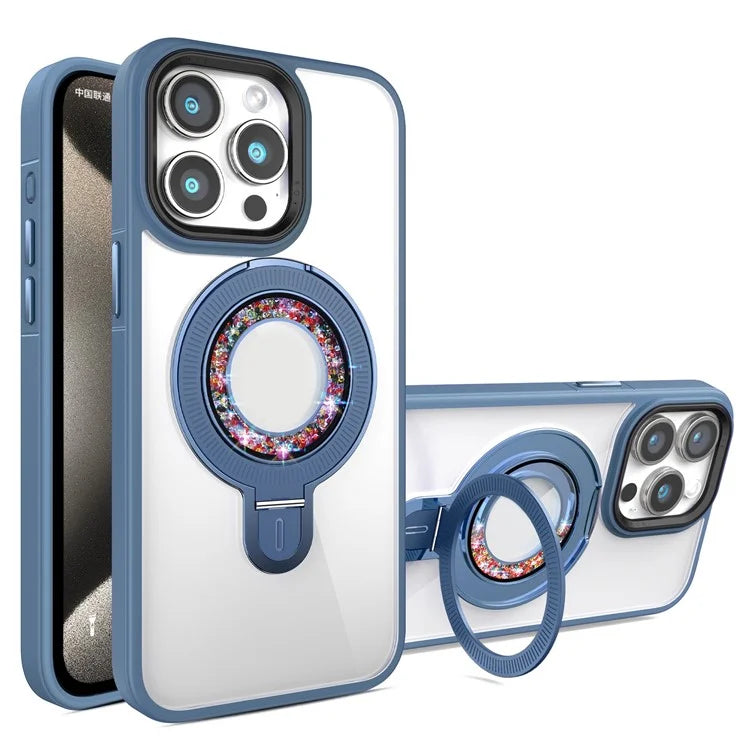 For iPhone 13 Pro Max Magnetic Case PC+TPU Phone Cover with Rhinestone Ring Kickstand