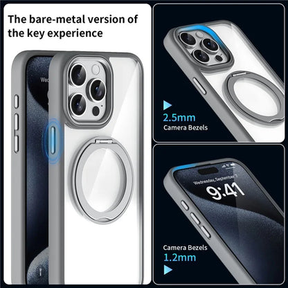 For iPhone 15 Pro Max Clear Case Magnetic Kickstand Acrylic+TPU Phone Cover Military Grade Protection - Grey
