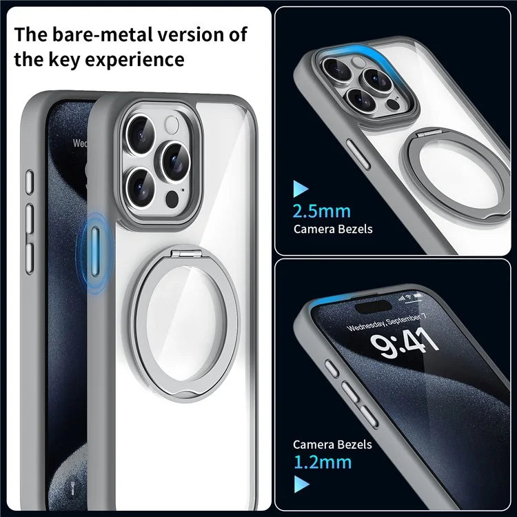 For iPhone 15 Pro Case Magnetic Ring Holder Acrylic+TPU Transparent Phone Cover - Grey