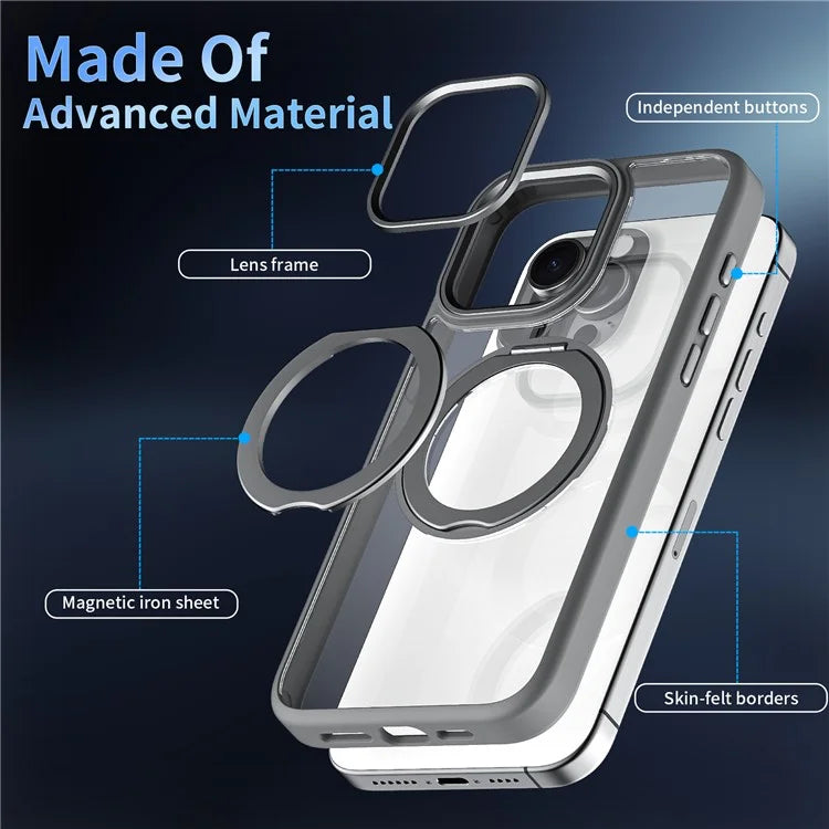 For iPhone 15 Pro Case Magnetic Ring Holder Acrylic+TPU Transparent Phone Cover - Grey