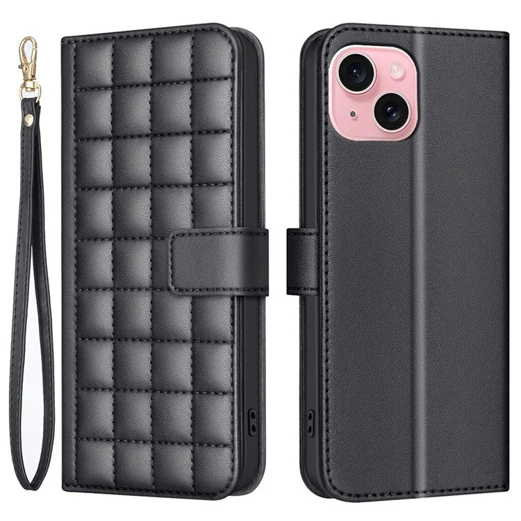 BINFEN COLOR BF34 for iPhone 15 Case PU Leather Square Grid Pattern Phone Cover