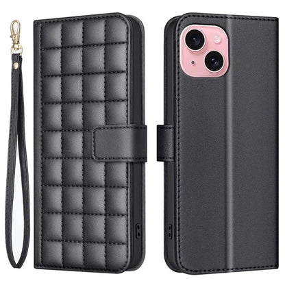 BINFEN COLOR BF34 for iPhone 15 Case PU Leather Square Grid Pattern Phone Cover