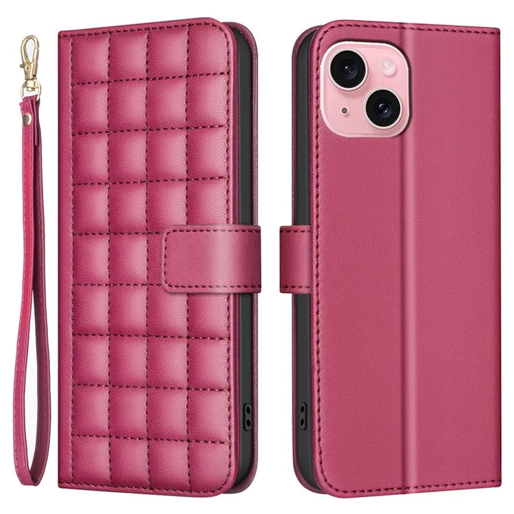BINFEN COLOR BF34 for iPhone 15 Case PU Leather Square Grid Pattern Phone Cover