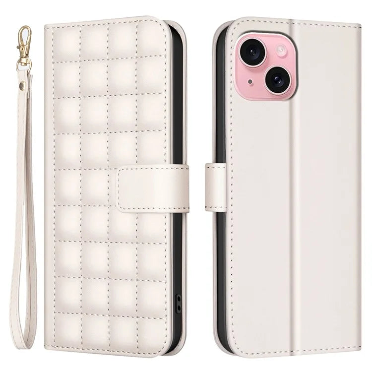 BINFEN COLOR BF34 for iPhone 15 Case PU Leather Square Grid Pattern Phone Cover
