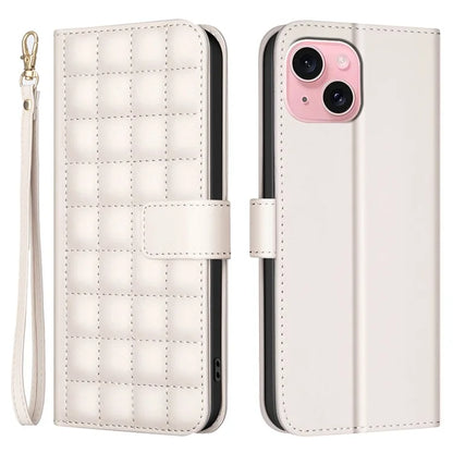 BINFEN COLOR BF34 for iPhone 15 Case PU Leather Square Grid Pattern Phone Cover