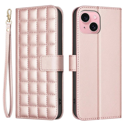 BINFEN COLOR BF34 for iPhone 15 Case PU Leather Square Grid Pattern Phone Cover