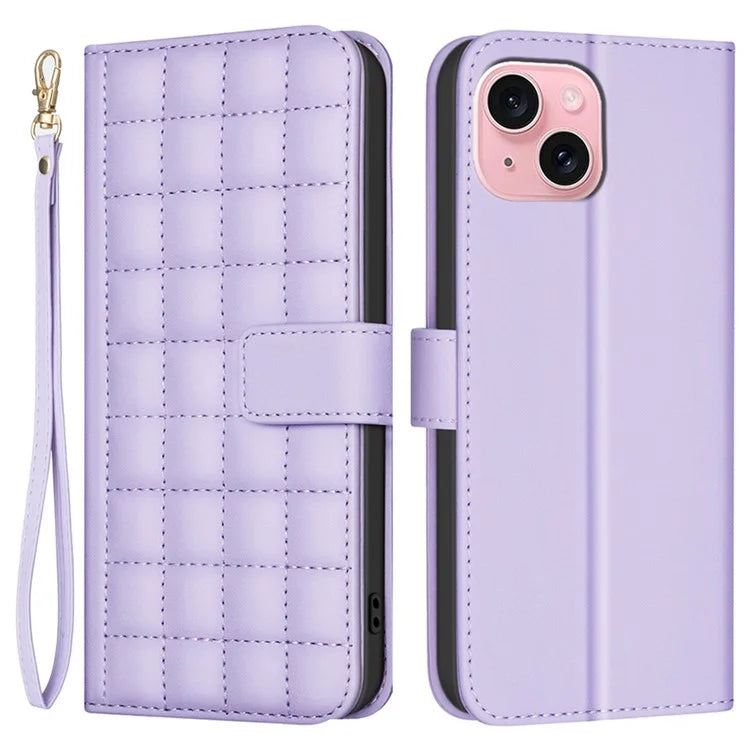 BINFEN COLOR BF34 for iPhone 15 Case PU Leather Square Grid Pattern Phone Cover