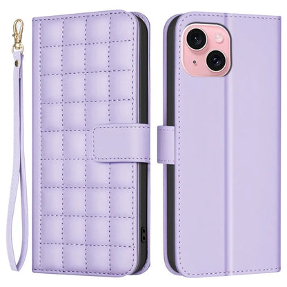 BINFEN COLOR BF34 for iPhone 15 Case PU Leather Square Grid Pattern Phone Cover