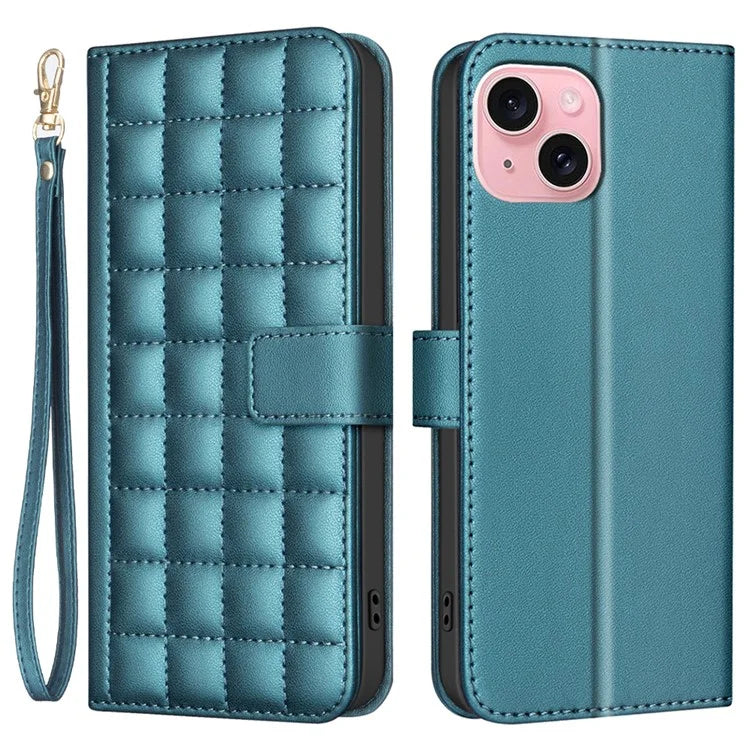 BINFEN COLOR BF34 for iPhone 15 Case PU Leather Square Grid Pattern Phone Cover