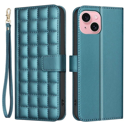 BINFEN COLOR BF34 for iPhone 15 Case PU Leather Square Grid Pattern Phone Cover