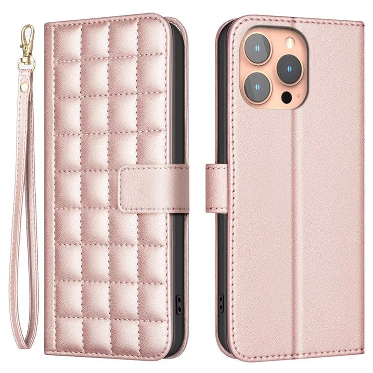 BINFEN COLOR BF34 for iPhone 15 Pro Leather Case Square Grid Mobile Phone Cover
