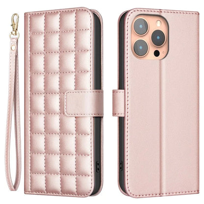 BINFEN COLOR BF34 for iPhone 15 Pro Leather Case Square Grid Mobile Phone Cover