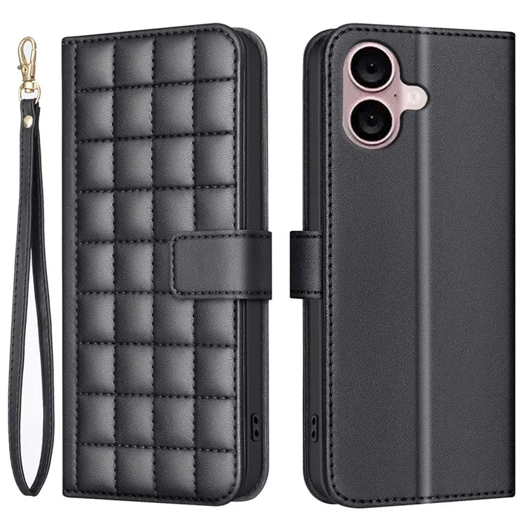 BINFEN COLOR BF34 for iPhone 16 Plus Wallet Case Square Grid PU Leather Phone Cover