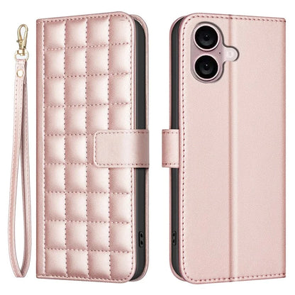 BINFEN COLOR BF34 for iPhone 16 Plus Wallet Case Square Grid PU Leather Phone Cover