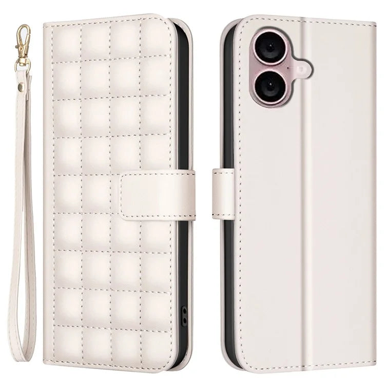 BINFEN COLOR BF34 for iPhone 16 Plus Wallet Case Square Grid PU Leather Phone Cover