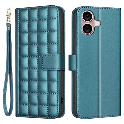 BINFEN COLOR BF34 for iPhone 16 Plus Wallet Case Square Grid PU Leather Phone Cover